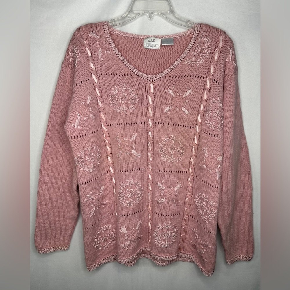 Vintage Blair Boutique Pink‎ Sweater Floral Embroidered Ribbon Cottagecore Sz L